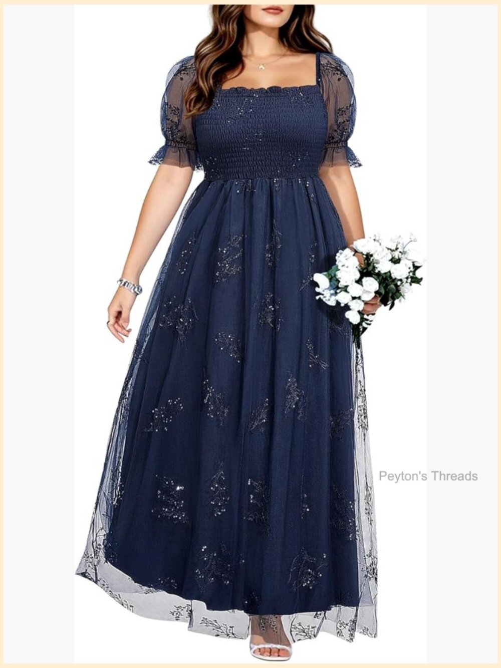 Plus Size Formal Dress - Sequin Leaf Embroidery Tulle Prom Long Maxi Dress